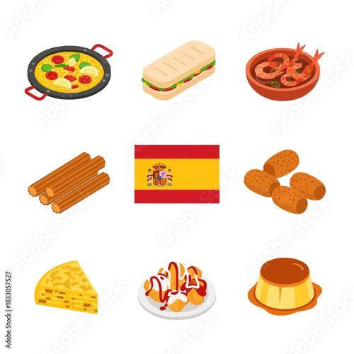 Vibrant isometric vector set of traditional Spanish cuisine paella, tapas, churros, and flag