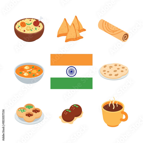 Diverse Indian Cuisine Vector Illustration Featuring Traditional Dishes, Sweets, and National Flag Representing Culture