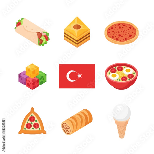 Colorful isometric concept art depicting a diverse array of traditional Turkish cuisine, sweets, and cultural elements