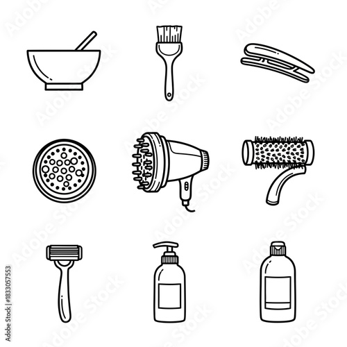 Essential collection of hair care and styling tools line icons for salon and personal grooming needs