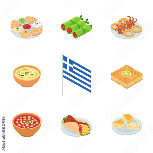 A vibrant collection of traditional Greek cuisine dishes and cultural symbols in an isometric flat style vector illustration
