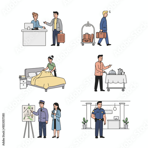 Diverse vector illustrations showcasing hotel personnel performing essential hospitality tasks for guests