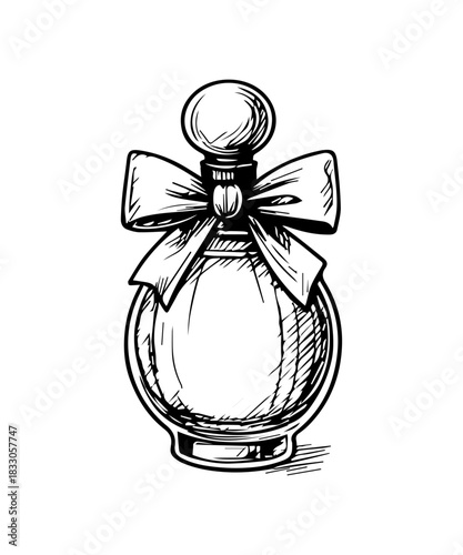 Perfume bottle drawing. Hand drawn engraved perfumery fashion sketch illustration.