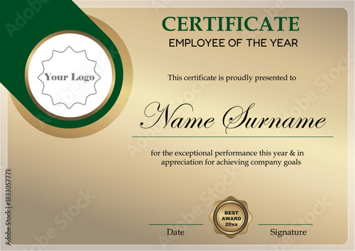 Corporate award certificate featuring a gold-green design and central badge for achievement