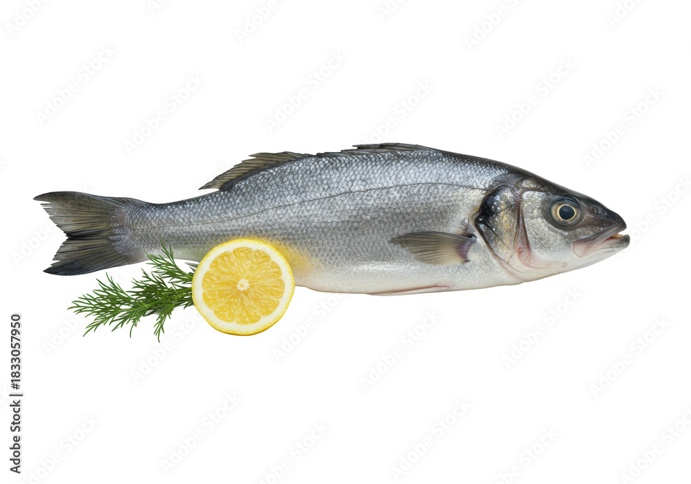 Fototapeta premium Pristine whole European sea bass in side profile with glistening scales, clear eye, intact fins, lemon slice, and fresh dill on a seamless transparent background. Concept of fresh culinary ingredient