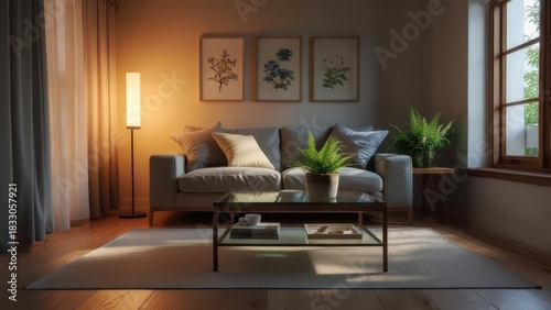 Cozy Living Room with Sofa and Floor Lamp.