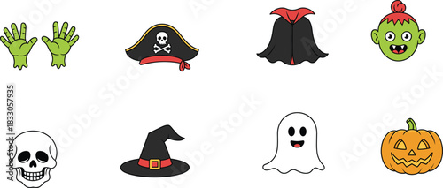 Halloween cartoon vector icon set, spooky character elements, pirate hat, witch cap, pumpkin, ghost smile, skull head, green zombie hands, vampire cape, festive design pack