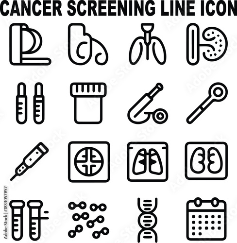 Cancer Screening Thin-Line Icon Set — Mammogram, Pap Smear, Colonoscopy Kit, Stool Test, PSA Test, Skin Exam, Ultrasound Scan, CT Screening, Lung Screening, Blood Marker Test, Saliva DNA Test, Screeni