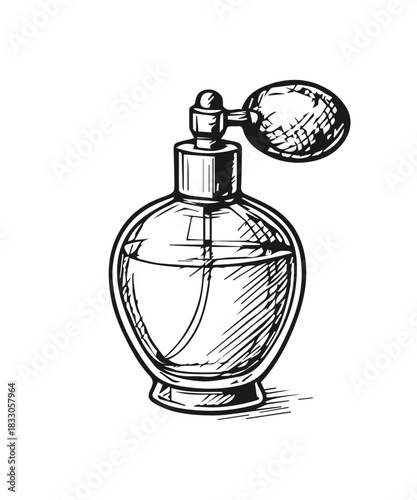 Perfume bottle drawing. Hand drawn engraved perfumery fashion sketch illustration.