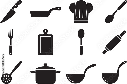 Minimalist kitchen tools silhouette pack with chef knife pans pots spoons and cookware.