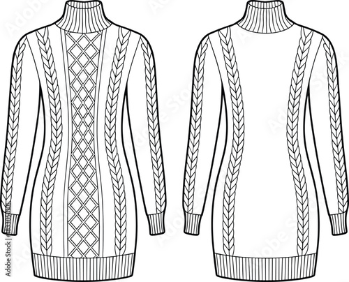 hand drawn cable knit sweater dress outline, turtleneck jumper sketch, winter knitwear illustration, ribbed hem cuffs, long sleeve womens fashion template, minimalist clothing line art