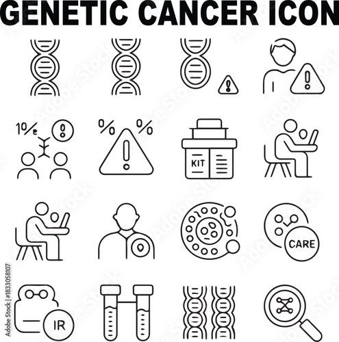 Thin-Line Genetic Cancer Risk Icons Set for Medical and DNA Analysis Art & Illustration