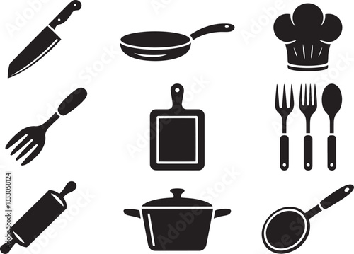 Black and white culinary utensil vector grid featuring knives pans graters and baking tools