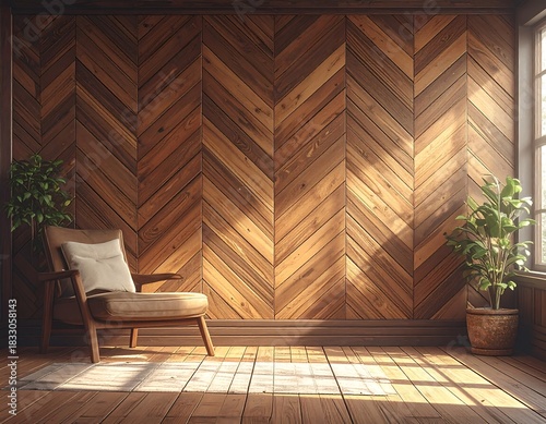 Sunlit interior with herringbone wood wall chair and plants radiates warmth