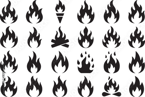 Black fire silhouette vector set of detailed flame designs icons