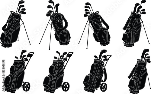 Collection of detailed golf bag silhouettes with clubs, standing and wheeled designs, sports equipment icons, professional golfing gear illustration set