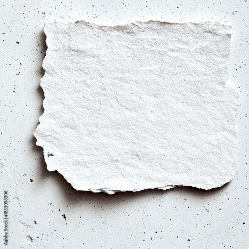 A piece of torn white paper lies on a textured, speckled surface, creating a minimalist and clean aesthetic. The image is shot from a top-down perspective.