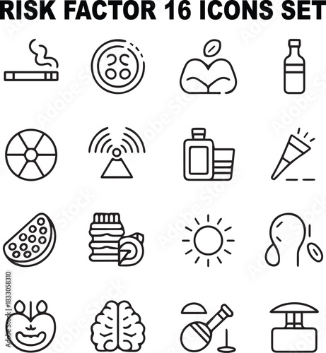 Thin-Line Risk Factor Icons Set — Smoking, Obesity, Alcohol, Genetic Mutation, Radiation Exposure, Pollution, Processed Foods, Sun UV, Aging, Chronic Infection, Hormone Imbalance, Workplace Chemicals 