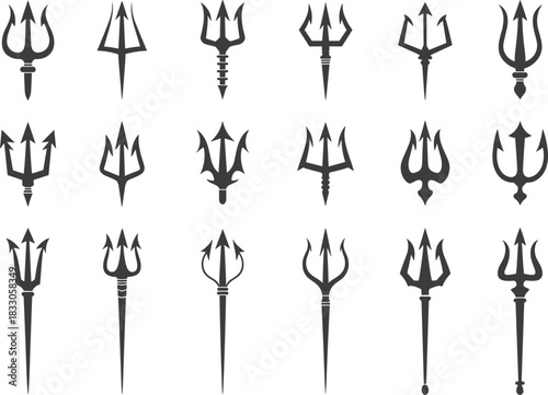 Collection of trident vector icons featuring mythological weapon designs, Poseidon Neptune symbols, fantasy spear illustrations, sharp warrior emblem silhouettes for graphic design
