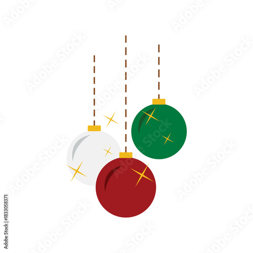 Three colorful Christmas ornaments hang from slender strings, adding a sparkling festive charm to holiday decor. Vibrant red, green, and white baubles evoke family gatherings, joy, and seasonal celebr