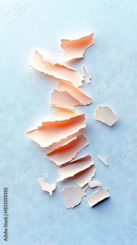 Abstract composition of torn paper pieces arranged on a light blue background. The paper is a pale pink color with visible tears and edges.