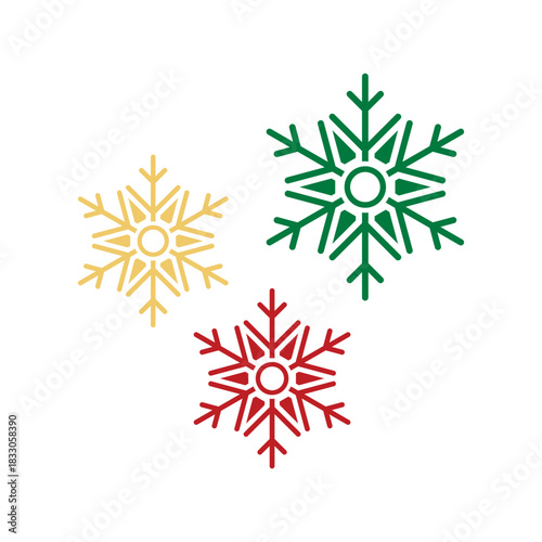 Three stylized snowflakes in red, green, and gold showcase bold geometric lines and a circular center. Ideal for holiday branding, festive decor, winter imagery, and seasonal campaigns.