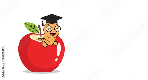 Cute cartoon bookworm with a graduation cap and glasses happily popping out of a shiny red apple on a white background.
