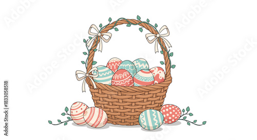 Beautiful wicker easter basket overflowing with pastel decorated easter eggs and green vines with bows on white.