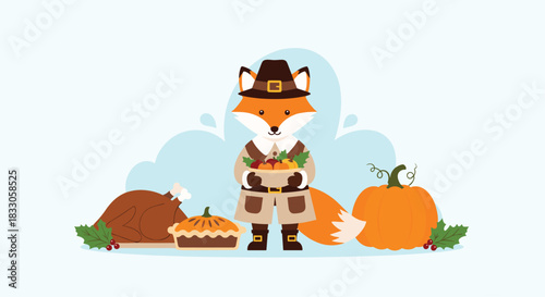 Cute cartoon pilgrim fox holding a basket of fruit surrounded by Thanksgiving feast elements like pumpkin and turkey.