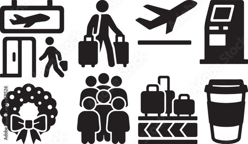 Holiday Travel Icons Set – Airport Rush Silhouettes, Travelers, Luggage, Departure Gate, Garland.