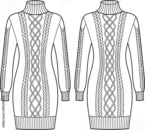 hand-drawn cable knit sweater dress illustration, turtleneck, ribbed cuffs hem, long sleeves, winter fashion sketch, feminine silhouette, apparel outline, sewing clothing template