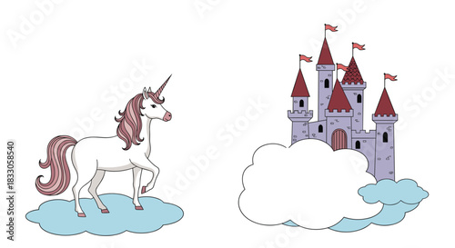 Whimsical illustration of a magical unicorn standing on a cloud looking towards a fairytale castle with red roofs and flags on clouds.