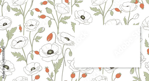 Elegant seamless pattern featuring white poppy flowers buds and rose hips with green leaves on a light background with a blank frame for text.