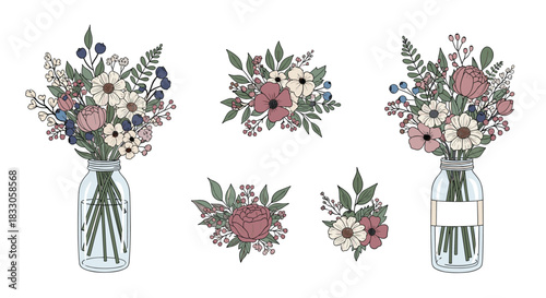 Set of beautiful hand-drawn floral bouquets in mason jars and individual flower arrangements on a white background.