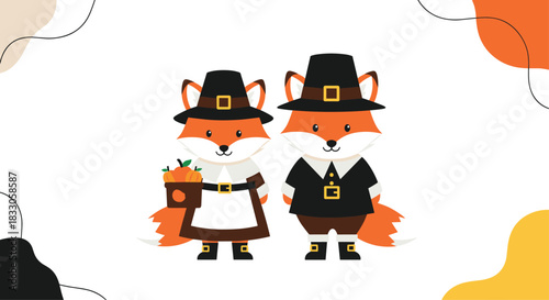 Cute cartoon pilgrim foxes in traditional attire celebrating Thanksgiving surrounded by abstract orange and black shapes.