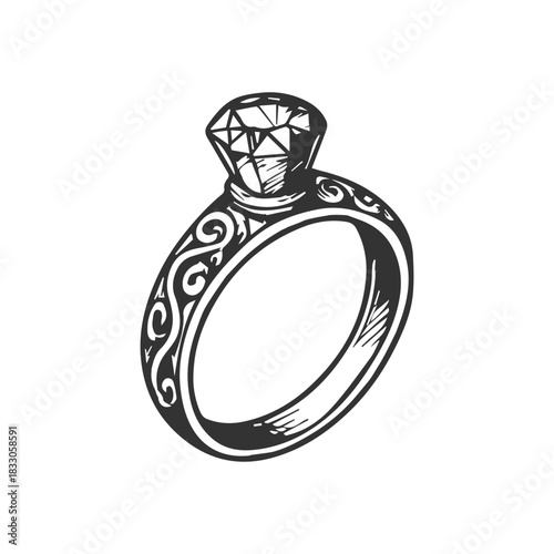 Wedding ring drawn icon. Hand drawn engraved jewelry sketch illustration.