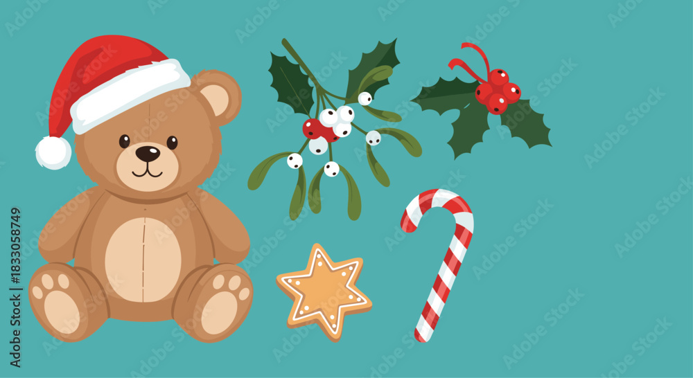 Fototapeta premium Adorable teddy bear wearing a santa hat surrounded by Christmas decorations like holly mistletoe candy cane and gingerbread star.