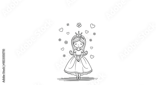 Charming line art illustration of a cute princess with a crown and flowing dress surrounded by hearts and flowers.