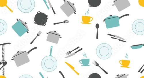 Vibrant seamless pattern background featuring various kitchen utensils cookware and coffee cups in a flat design style.