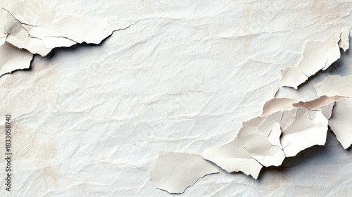 Close-up of a textured white paper with torn edges and visible cracks, creating a grunge aesthetic.