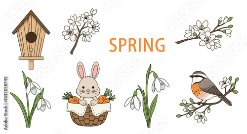 Collection of adorable spring themed illustrations including a birdhouse bunny snowdrops flowers and a bird on a branch.