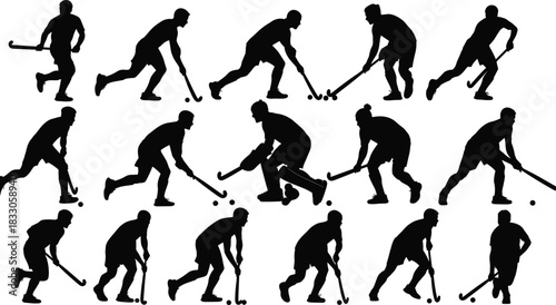Field hockey player silhouettes in dynamic action poses, training movements, dribbling, hitting, running, competitive sports concept, isolated vector illustration.