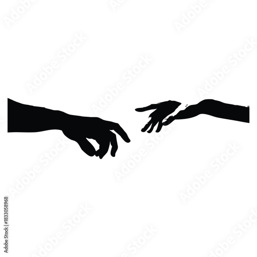 Black and white vector illustration of two human hands reaching out to each other in classic vintage style