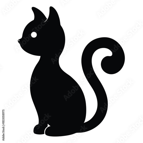 Cute cat silhouette with curled tail sitting peacefully isolated on white background