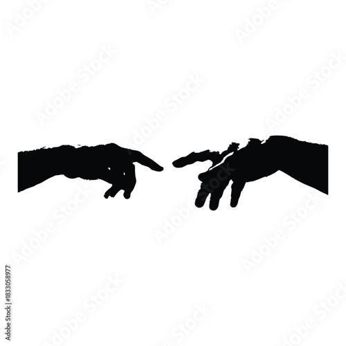Black and white vector illustration of two human hands reaching out to each other in classic vintage style