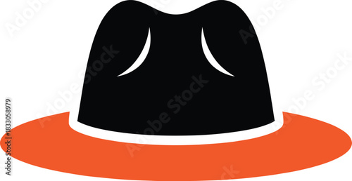 Stylized fedora hat illustration with orange brim and black crown isolated on white background minimalist design for fashion detective or retro themed projects