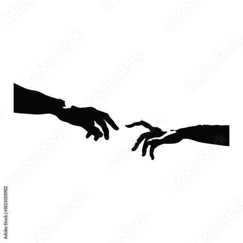 Black and white vector illustration of two human hands reaching out to each other in classic vintage style