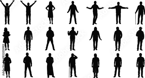 Human silhouette collection, diverse poses, standing figures, gesture variety, black shapes, posture study, demographic illustration, character modeling