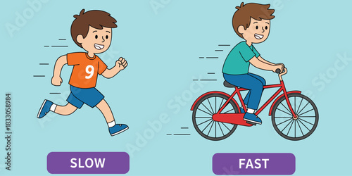 Flat vector illustration of boy running slowly and boy cycling fast, speed comparison, motion concept, cartoon style, kids activity