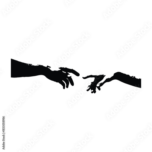 Black and white vector illustration of two human hands reaching out to each other in classic vintage style